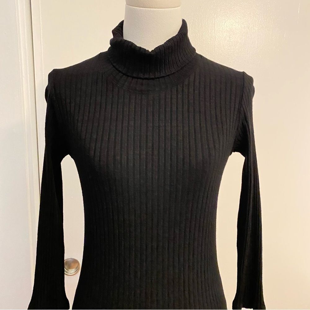 Monrow Black Ribbed Turtle Neck 3/4 Sleeve Knit Mini Dress Size Small - Picture 3 of 14